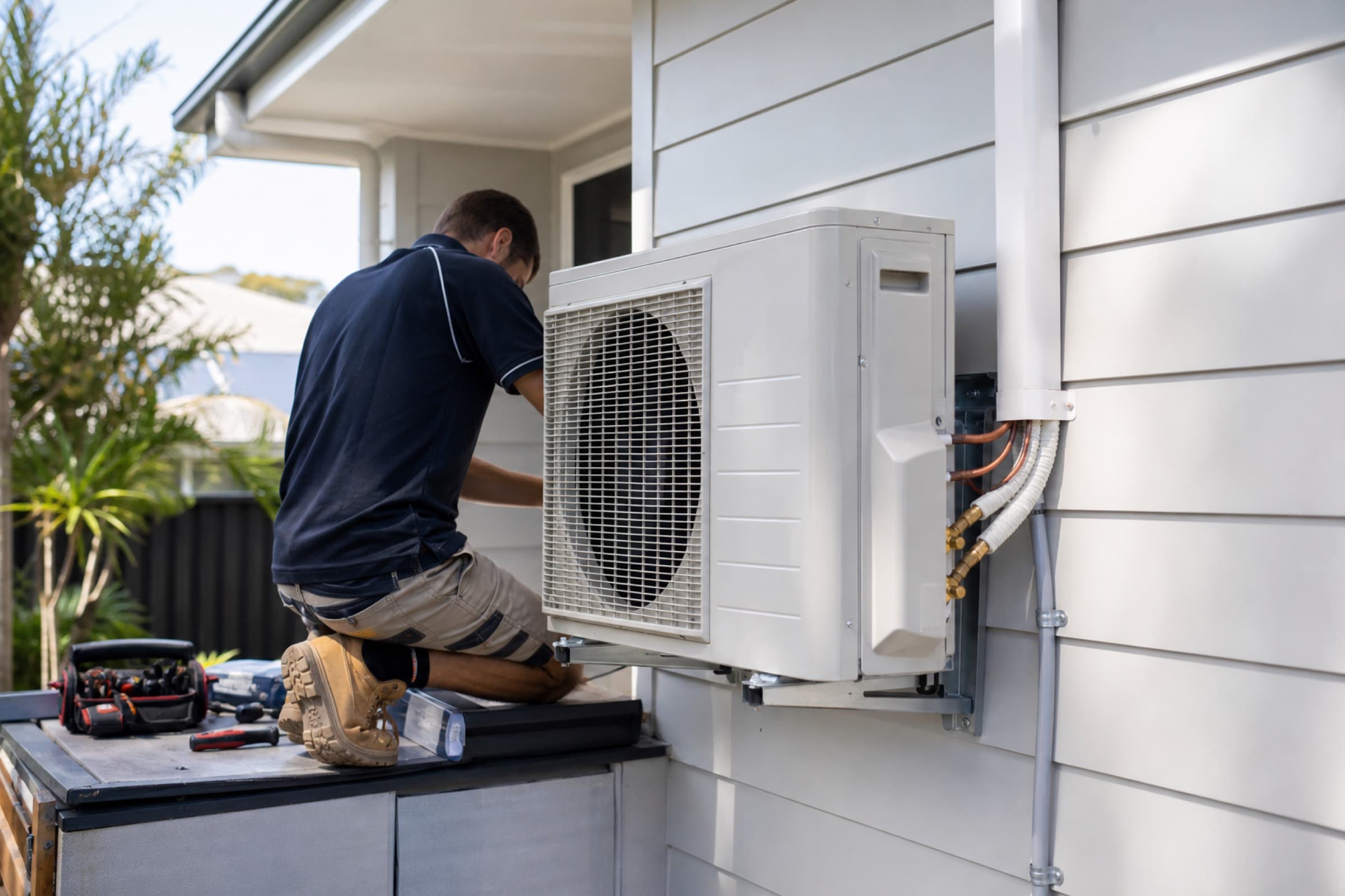 Technician installing and servicing an outdoor air conditioning unit
